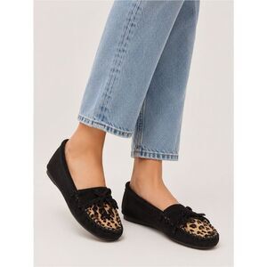 Anthropologie Minnetonka Black Moccasins with Leopard-Print Accent